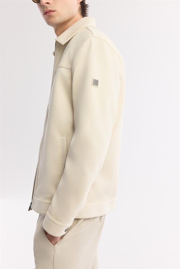 Bej Klasik Yaka Fermuarlı Süet Görünümlü İnce Mont