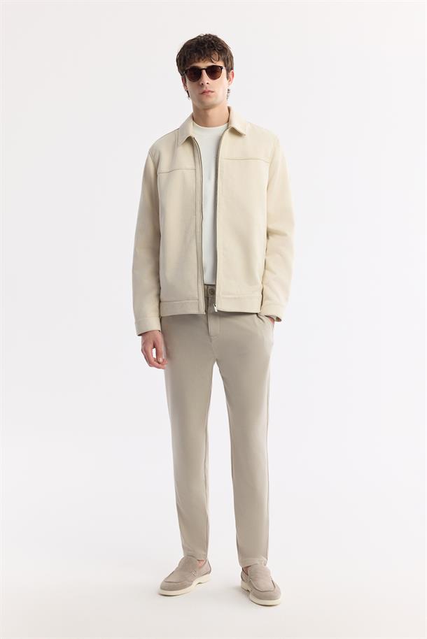 Bej Klasik Yaka Fermuarlı Süet Görünümlü İnce Mont