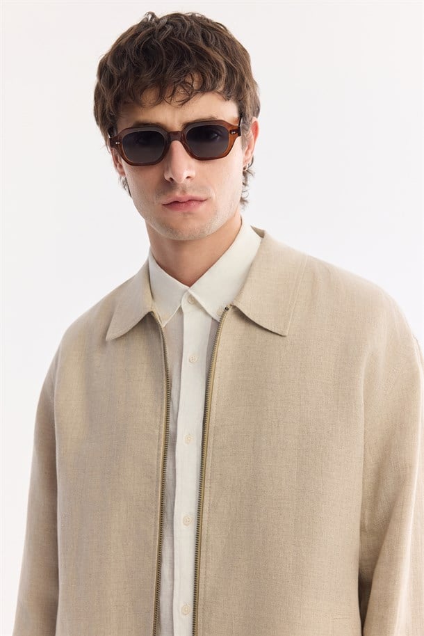 Bej Klasik Yaka Nefes Alan %100 Keten Mevsimlik Mont