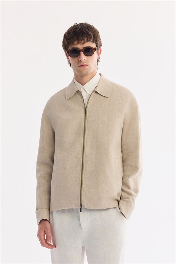 Bej Klasik Yaka Nefes Alan %100 Keten Mevsimlik Mont