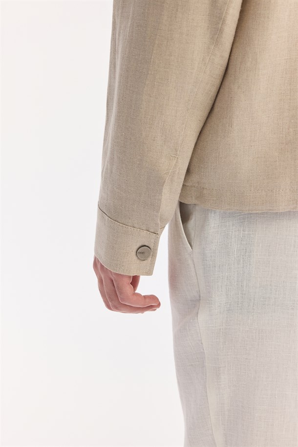 Bej Klasik Yaka Nefes Alan %100 Keten Mevsimlik Mont