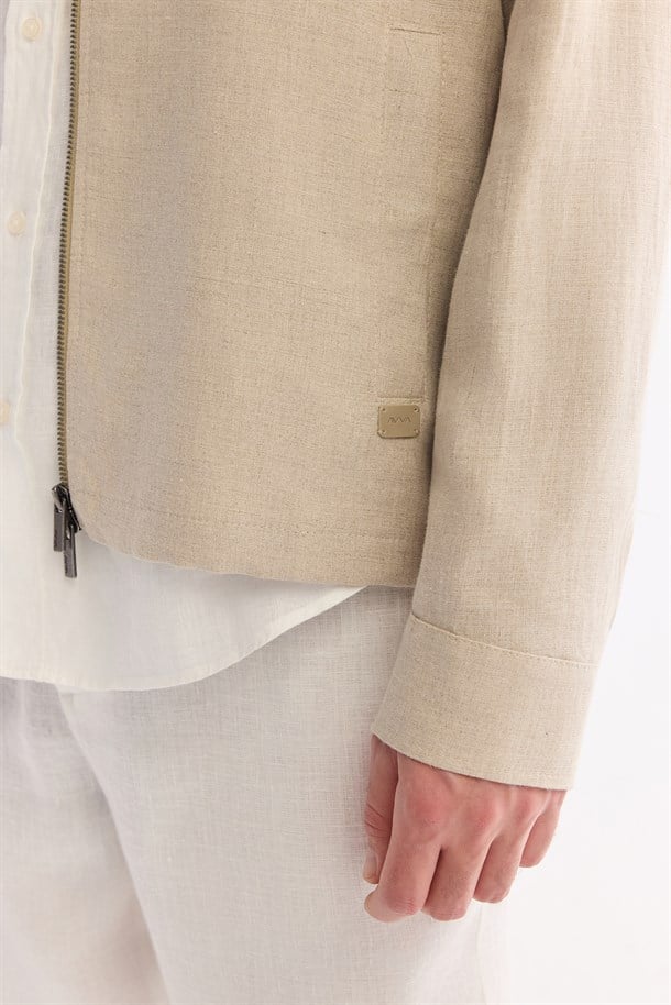 Bej Klasik Yaka Nefes Alan %100 Keten Mevsimlik Mont