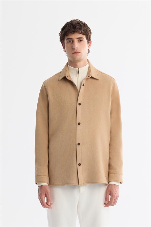 Bej Klasik Yaka Çıtçıtlı Süet Dokulu Mevsimlik Mont