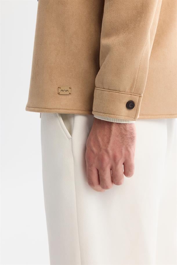 Bej Klasik Yaka Çıtçıtlı Süet Dokulu Mevsimlik Mont