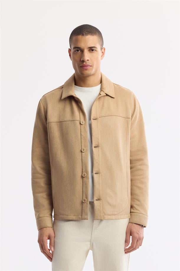 Beige Classic Collar Lined Shirt Jacket