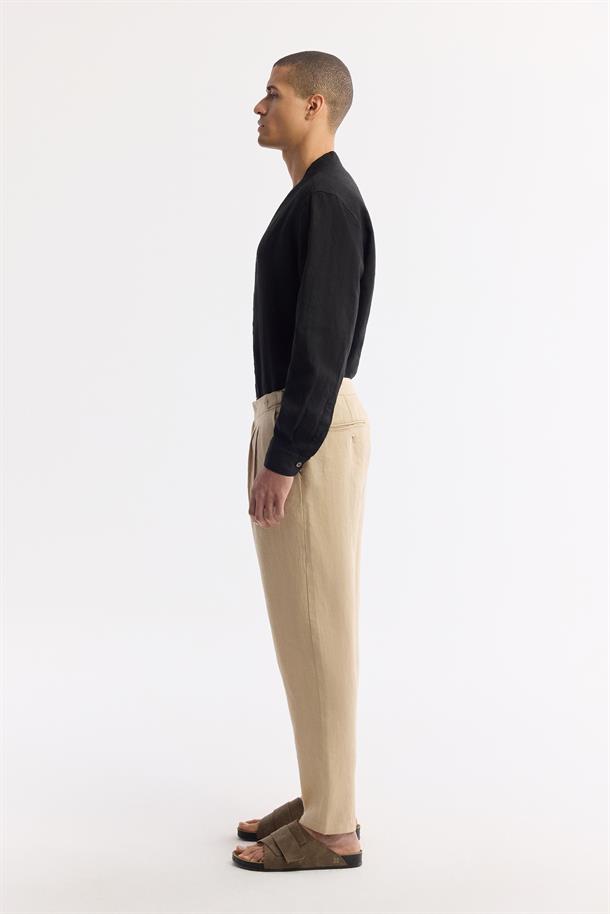 Bej Klasik Bel %100 Keten Pantolon