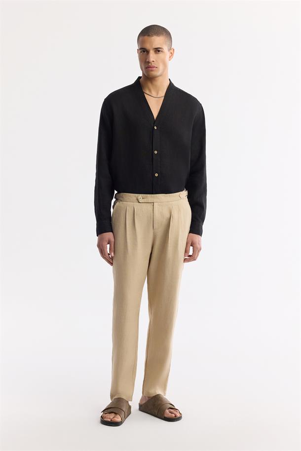 Bej Klasik Bel %100 Keten Pantolon