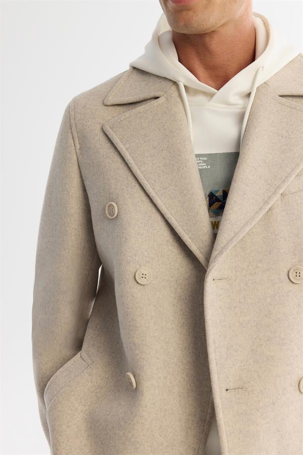 Bej Kruvaze Kapama Yandan Cepli Yün Karışımlı Astarlı Kaşe Kaban