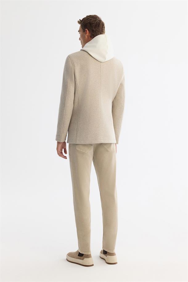 Bej Kruvaze Kapama Yandan Cepli Yün Karışımlı Astarlı Kaşe Kaban