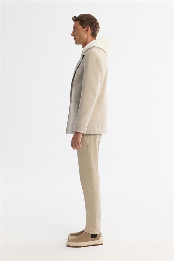 Bej Kruvaze Kapama Yandan Cepli Yün Karışımlı Astarlı Kaşe Kaban