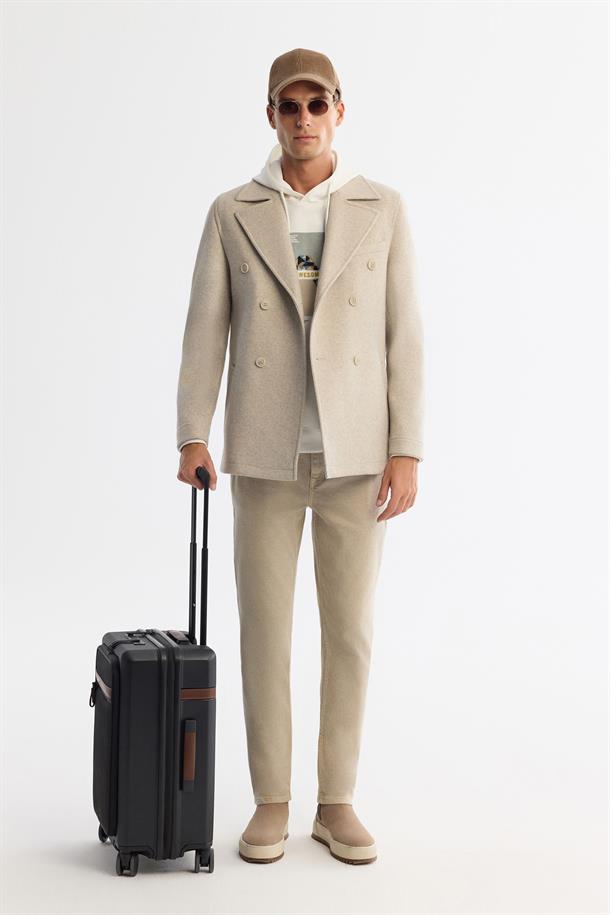 Bej Kruvaze Kapama Yandan Cepli Yün Karışımlı Astarlı Kaşe Kaban