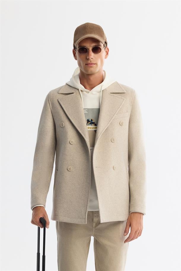 Bej Kruvaze Kapama Yandan Cepli Yün Karışımlı Astarlı Kaşe Kaban