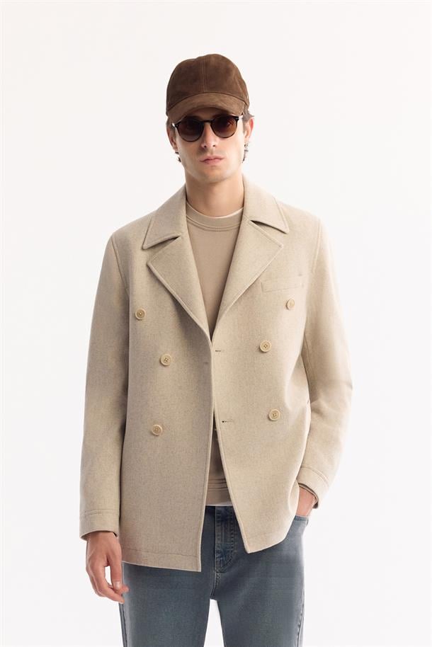 Bej Kruvaze Yün Karışımlı Astarlı Kaşe Kaban