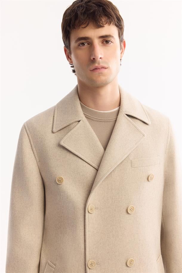 Bej Kruvaze Yün Karışımlı Astarlı Kaşe Kaban