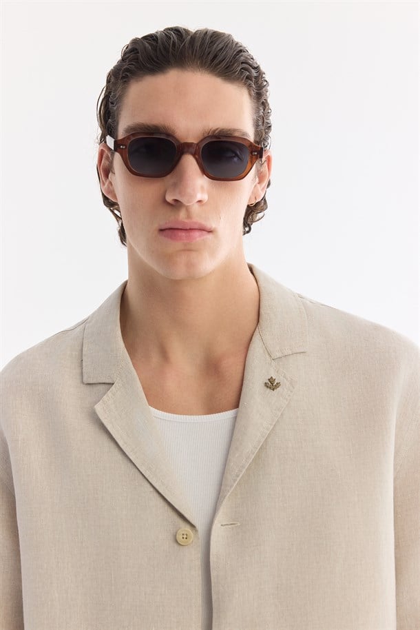 Bej Küba Yaka %100 Keten Comfort Fit Uzun Kol Gömlek Ceket