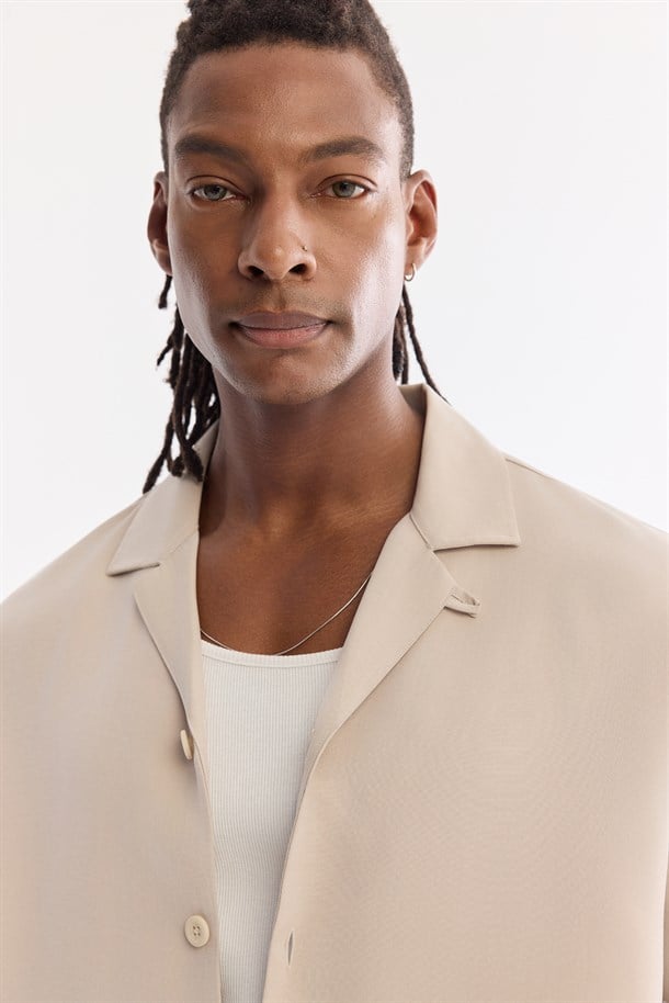 Bej Apaj Yaka Soft Touch Gömlek