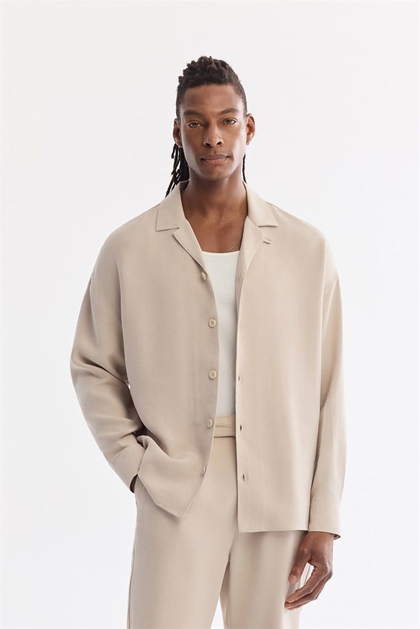 Bej Apaj Yaka Soft Touch Gömlek