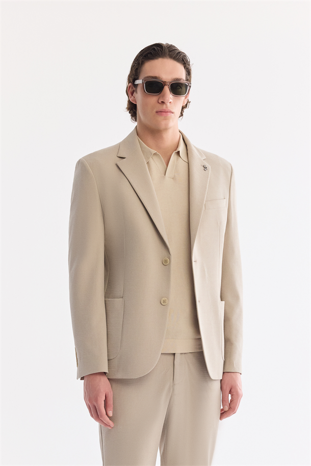 Bej Mono Yaka Torba Cepli Çift Yırtmaç Astarsız Bi-Stretch Ceket