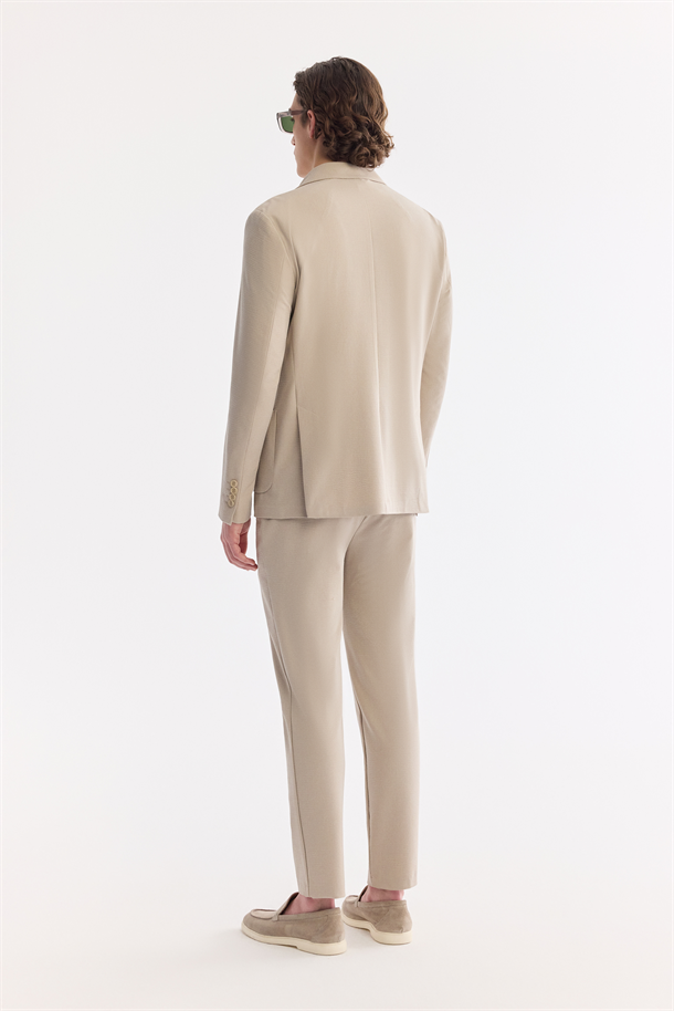 Bej Mono Yaka Torba Cepli Çift Yırtmaç Astarsız Bi-Stretch Ceket