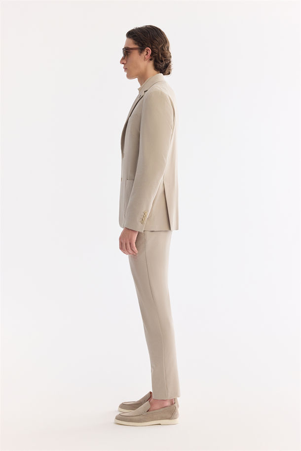 Bej Mono Yaka Torba Cepli Çift Yırtmaç Astarsız Bi-Stretch Ceket