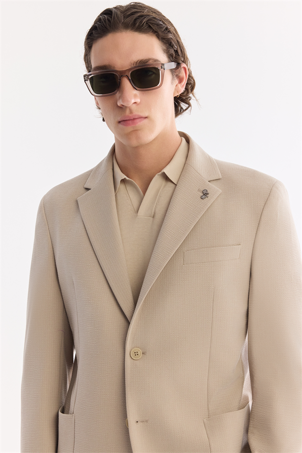 Bej Mono Yaka Torba Cepli Çift Yırtmaç Astarsız Bi-Stretch Ceket