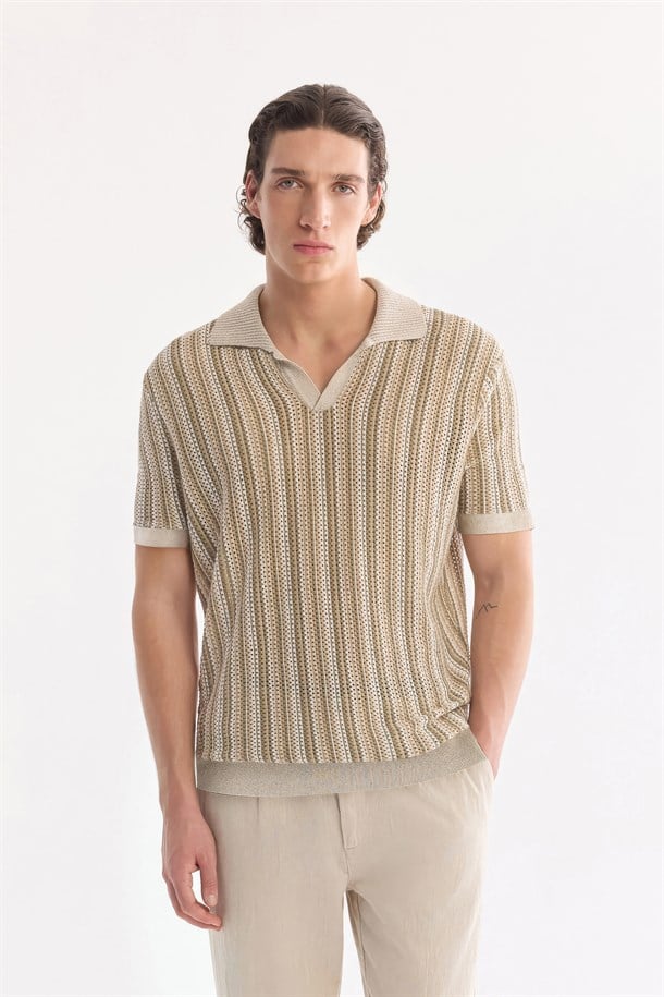 Bej Polo Yaka Düğmesiz %100 Pamuk Soft Touch Triko-T-Shirt