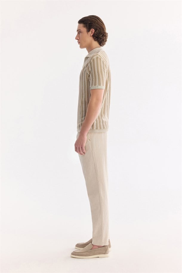 Bej Polo Yaka Düğmesiz %100 Pamuk Soft Touch Triko-T-Shirt