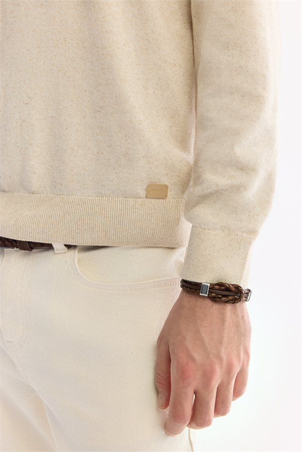 Bej Polo Yaka Keten Karışımlı Basic Triko Kazak