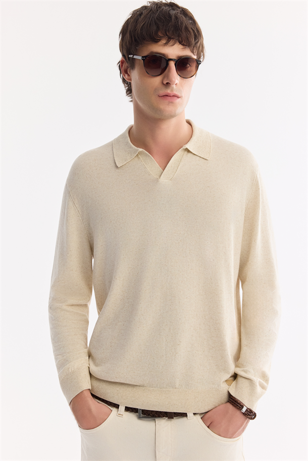 Bej Polo Yaka Keten Karışımlı Basic Triko Kazak