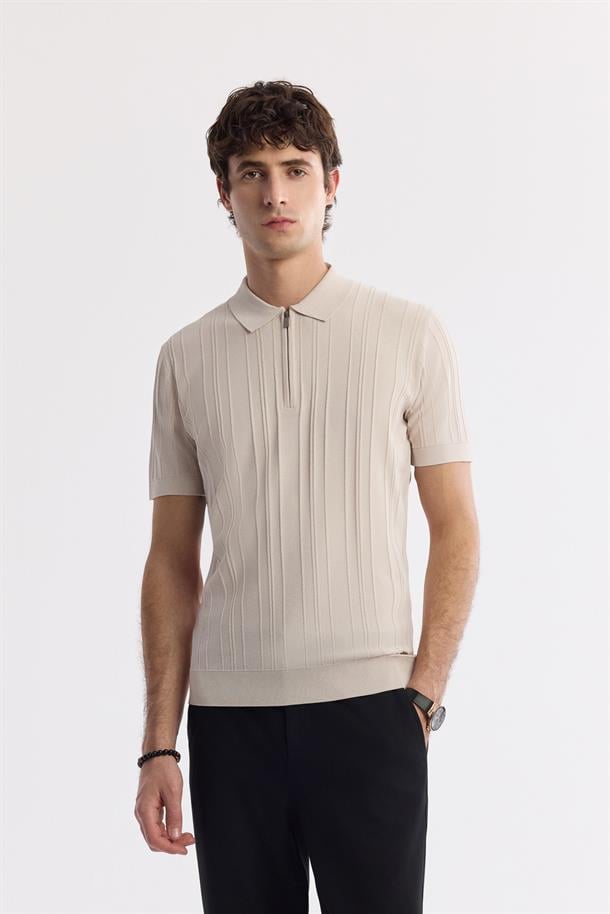 Bej Polo Yaka Rayon Triko T-Shirt