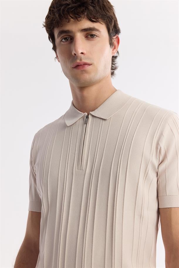 Bej Polo Yaka Rayon Triko T-Shirt