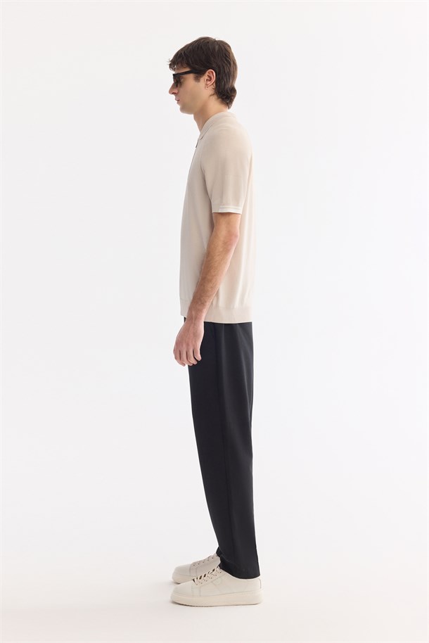 Bej Polo Yaka Fermuarlı Rayon Karışımlı Triko T-Shirt