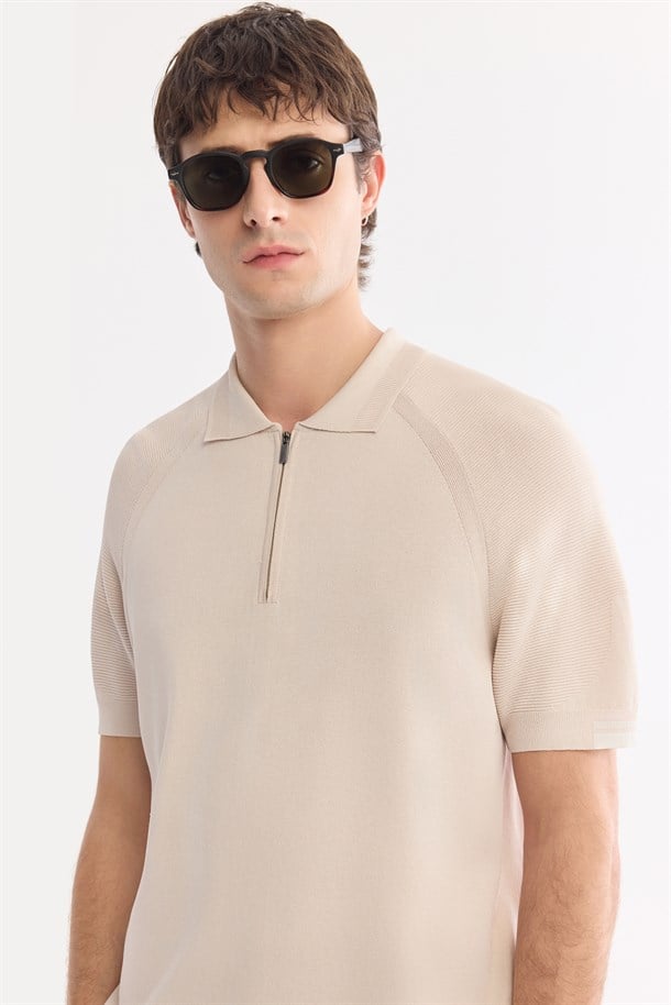Bej Polo Yaka Fermuarlı Rayon Karışımlı Triko T-Shirt