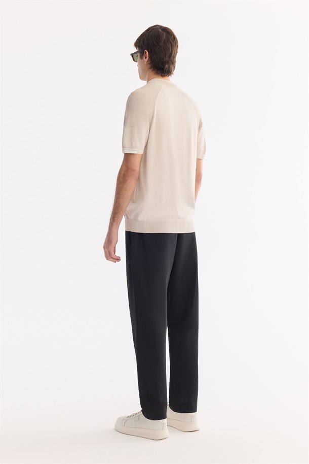 Bej Polo Yaka Fermuarlı Rayon Karışımlı Triko T-Shirt