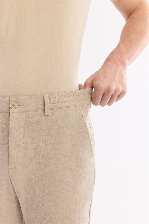 Bej Beli Lastikli Viskon Karışımlı Elastan Chino Pantolon