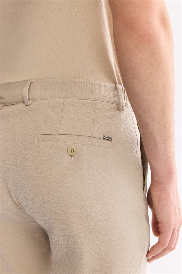 Bej Beli Lastikli Viskon Karışımlı Elastan Chino Pantolon
