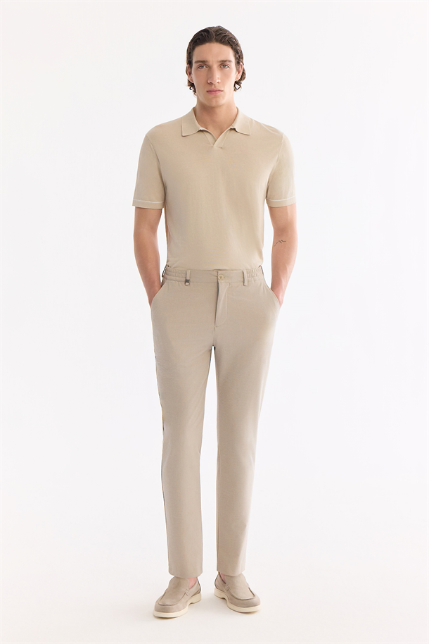 Bej Beli Lastikli Viskon Karışımlı Elastan Chino Pantolon