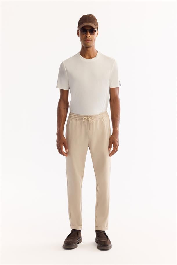 Bej Beli Lastikli Bağcıklı Duble Paça Jogger Pantolon