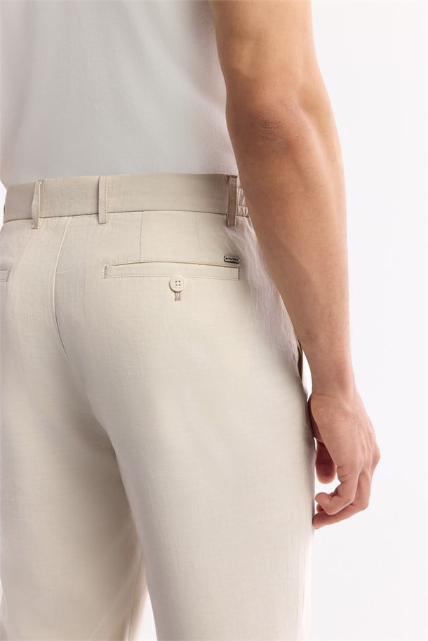 Bej Yandan Cepli Beli Lastikli Soft Touch Pantolon