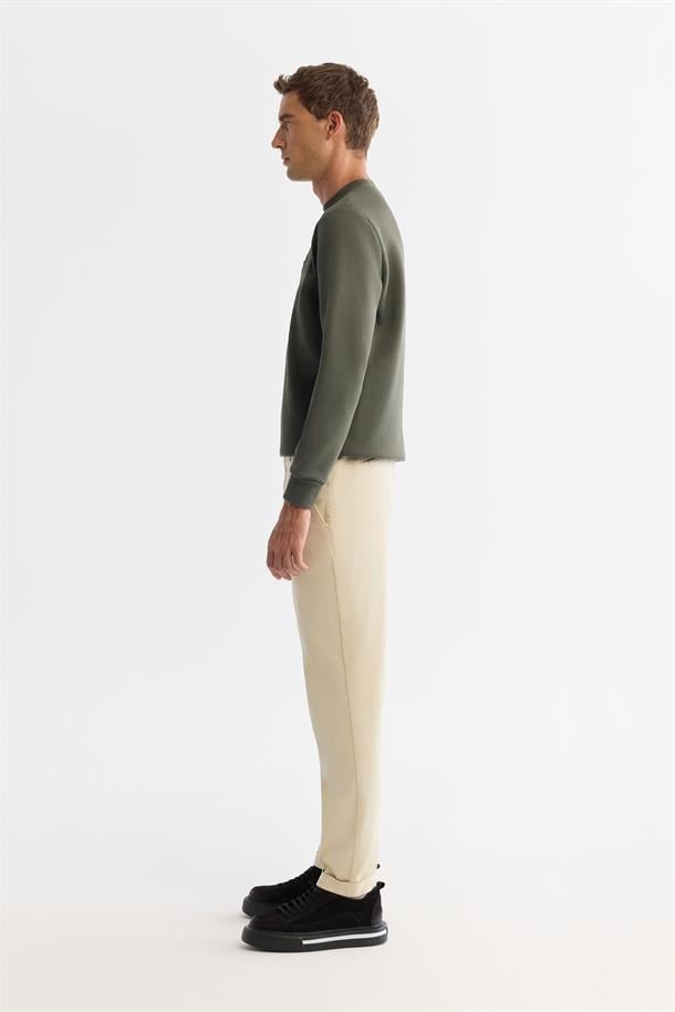 Bej Yanı Lastikli Yumuşak Tuşeli Duble Paça Pantolon