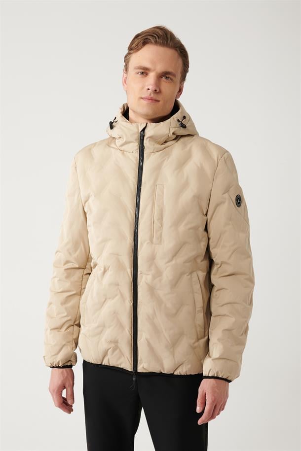 Bej Kapüşonlu Su İtici Rüzgar Geçirmez Taşıma Askılı Şişme Mont