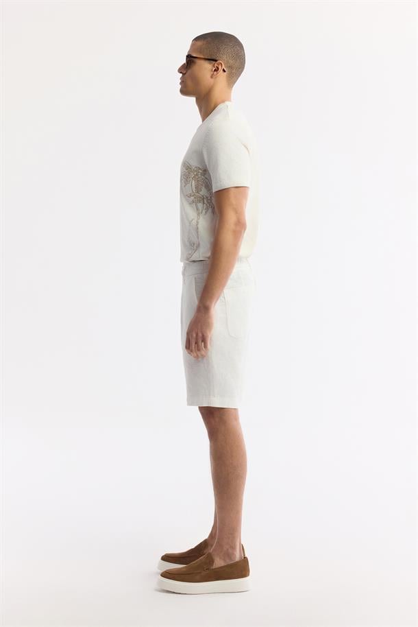 Beyaz Beli Lastikli %100 Keten Şort