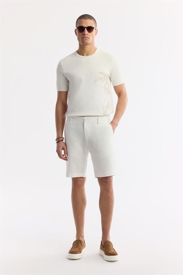 Beyaz Beli Lastikli %100 Keten Şort