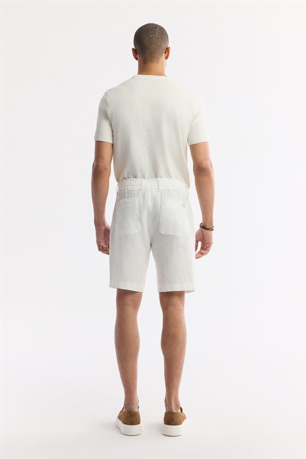 Beyaz Beli Lastikli %100 Keten Şort