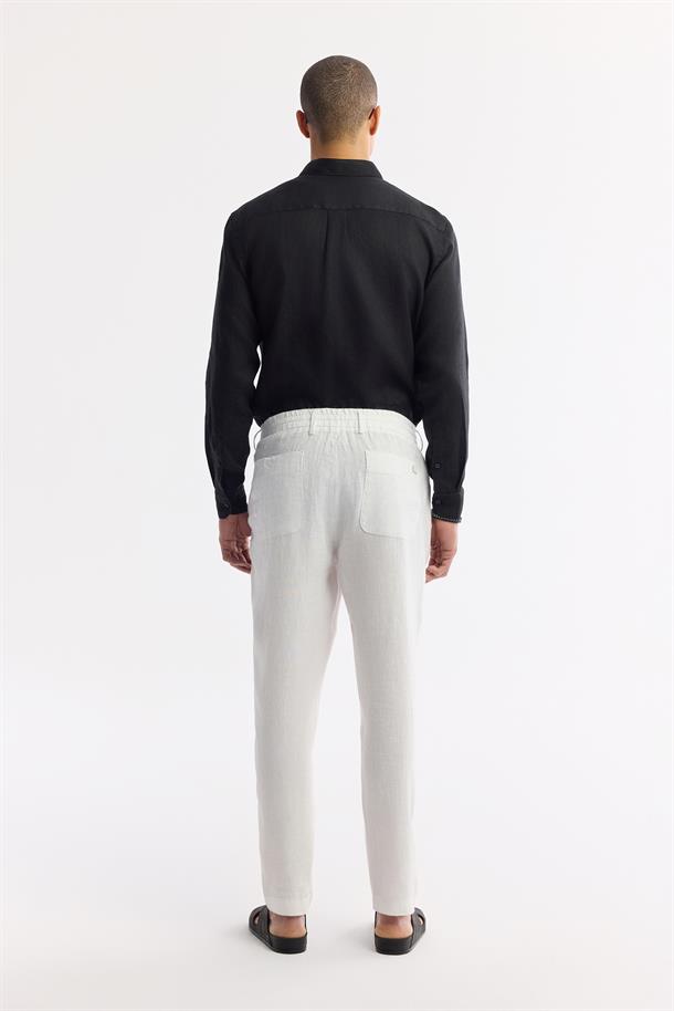 Beyaz Beli Lastikli %100 Keten Pantolon