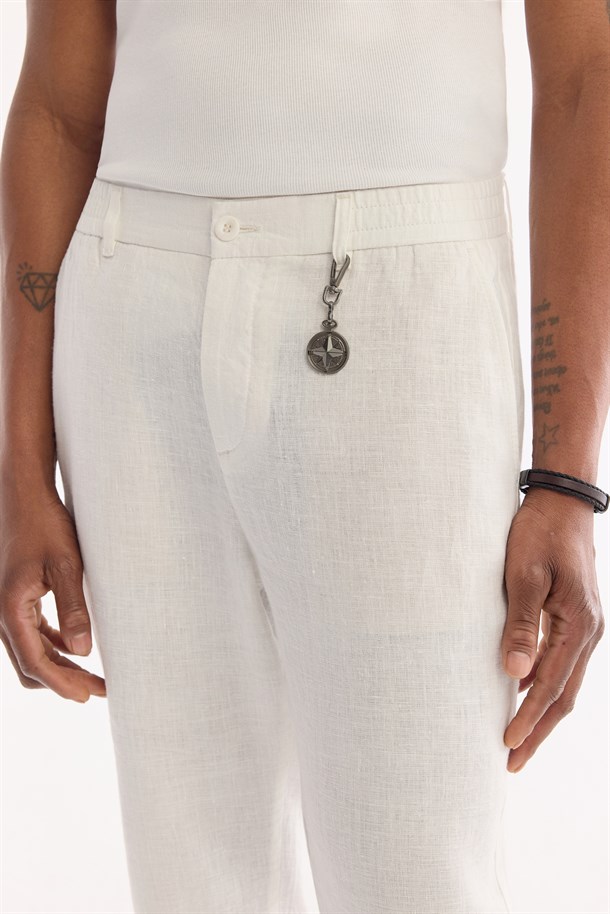 Beyaz Beli Lastikli %100 Keten Pantolon
