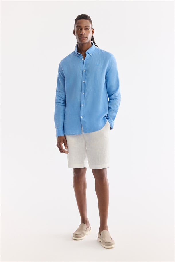 Beyaz Beli Lastikli %100 Keten Şort