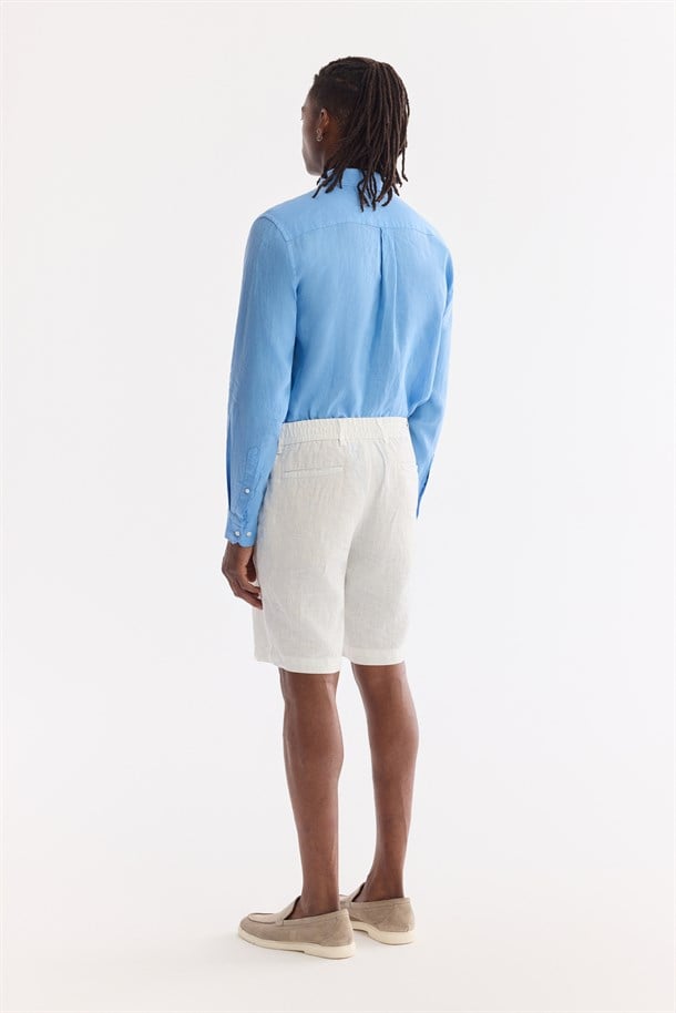 Beyaz Beli Lastikli %100 Keten Şort