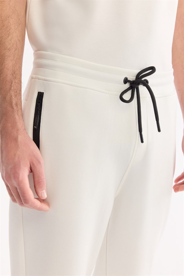 White Elastic Waist Drawstring Bi-Stretch Interlock Jogger Pants