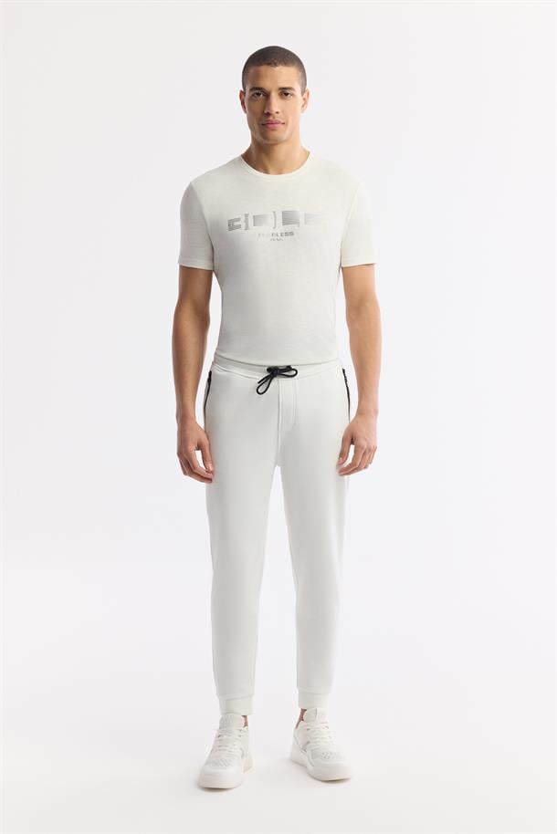 Beyaz Beli Lastikli Bağcıklı Bi-Stretch Eşofman Altı